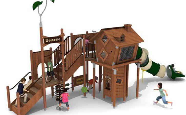 木质滑梯给人以温暖古朴的感受，像树屋和童话里的小木屋。